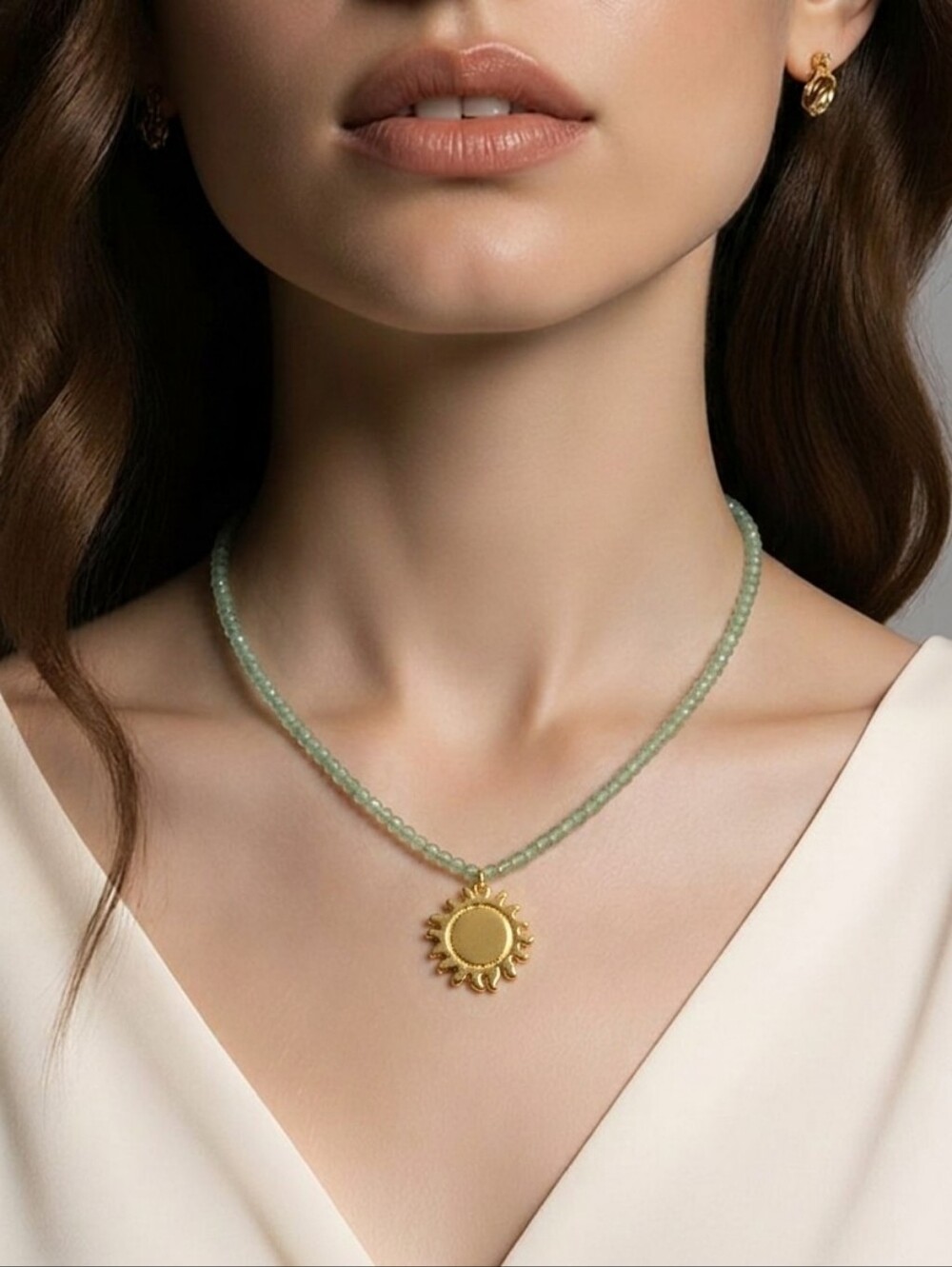 Mayamar Green Natural Stone Beaded Sun Pendant Necklace & Gift Bag